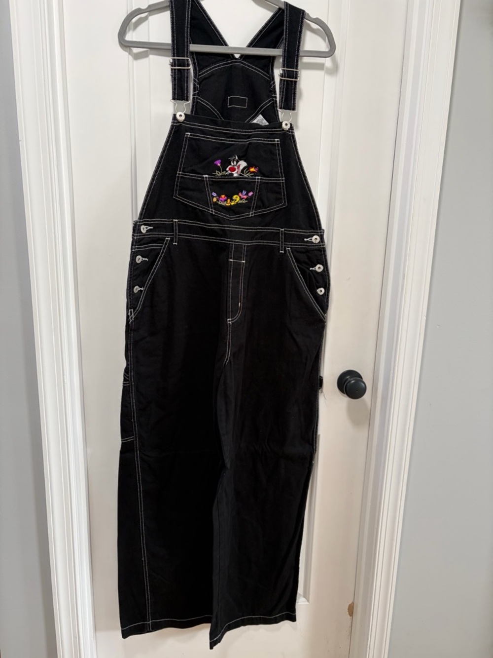 Vintage Looney Tunes Overalls size Large Tweety Sylvester Black Baggy Denim 90s